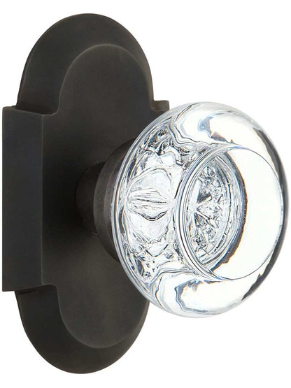 Arched Rosette Door Set with Round Clear-Crystal Glass Knobs in Oil-Rubbed Bronze.